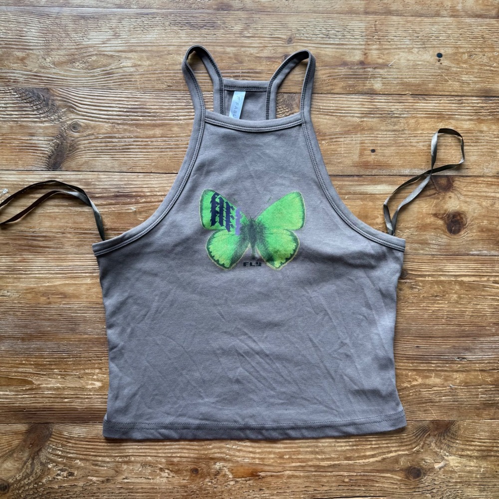 Fabletics Womens Butterfly Graphic High Neck Racerback Tank Top Taupe Small EUC